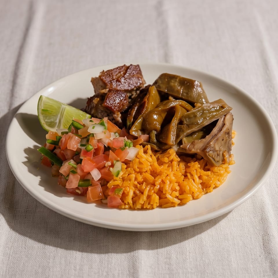A plate of Mexican food with rice, pico de gallo, lime, and two types of meat.