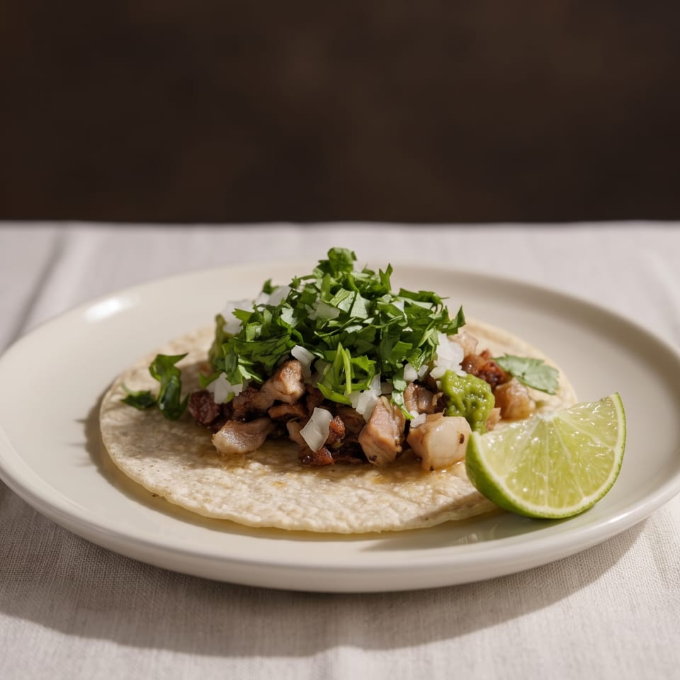 A single taco with meat, onions, cilantro, guacamole, and a lime wedge on a white plate.