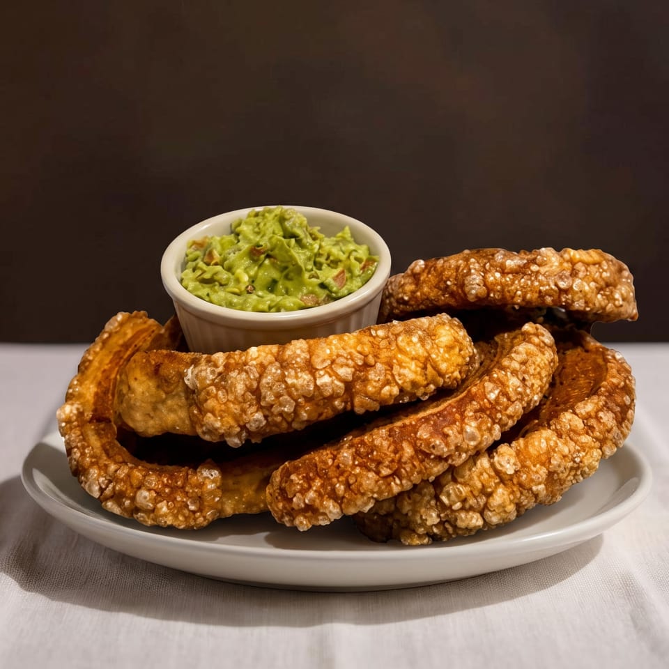 Crispy chicharrones with a side of guacamole on a white plate and tablecloth.