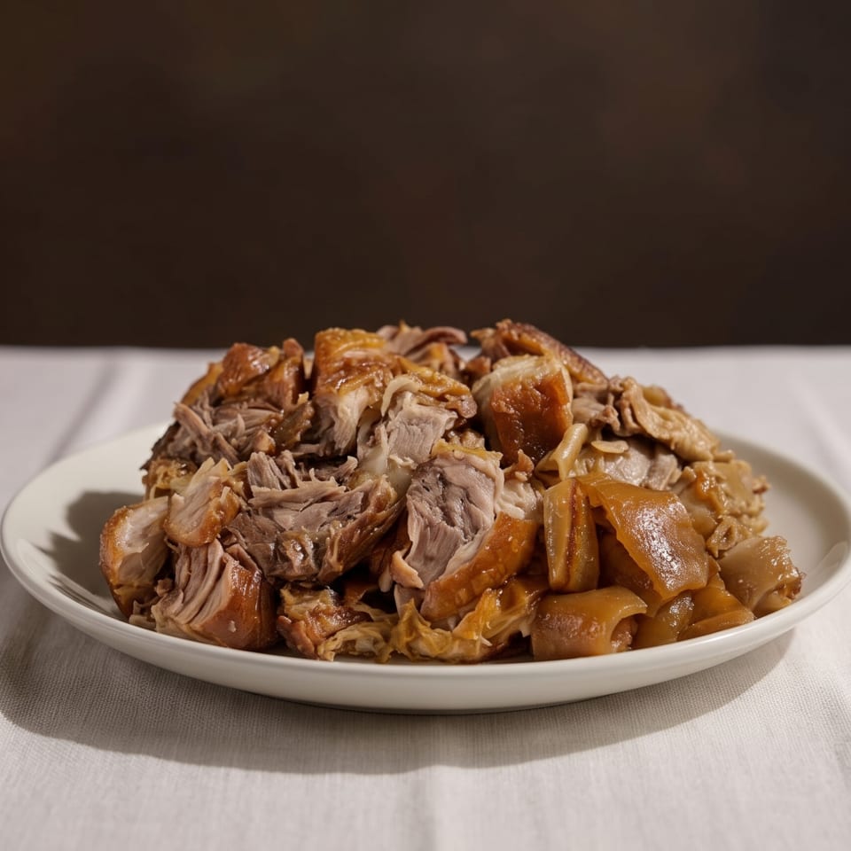 A white plate filled with shredded braised duck meat and skin on a white tablecloth.