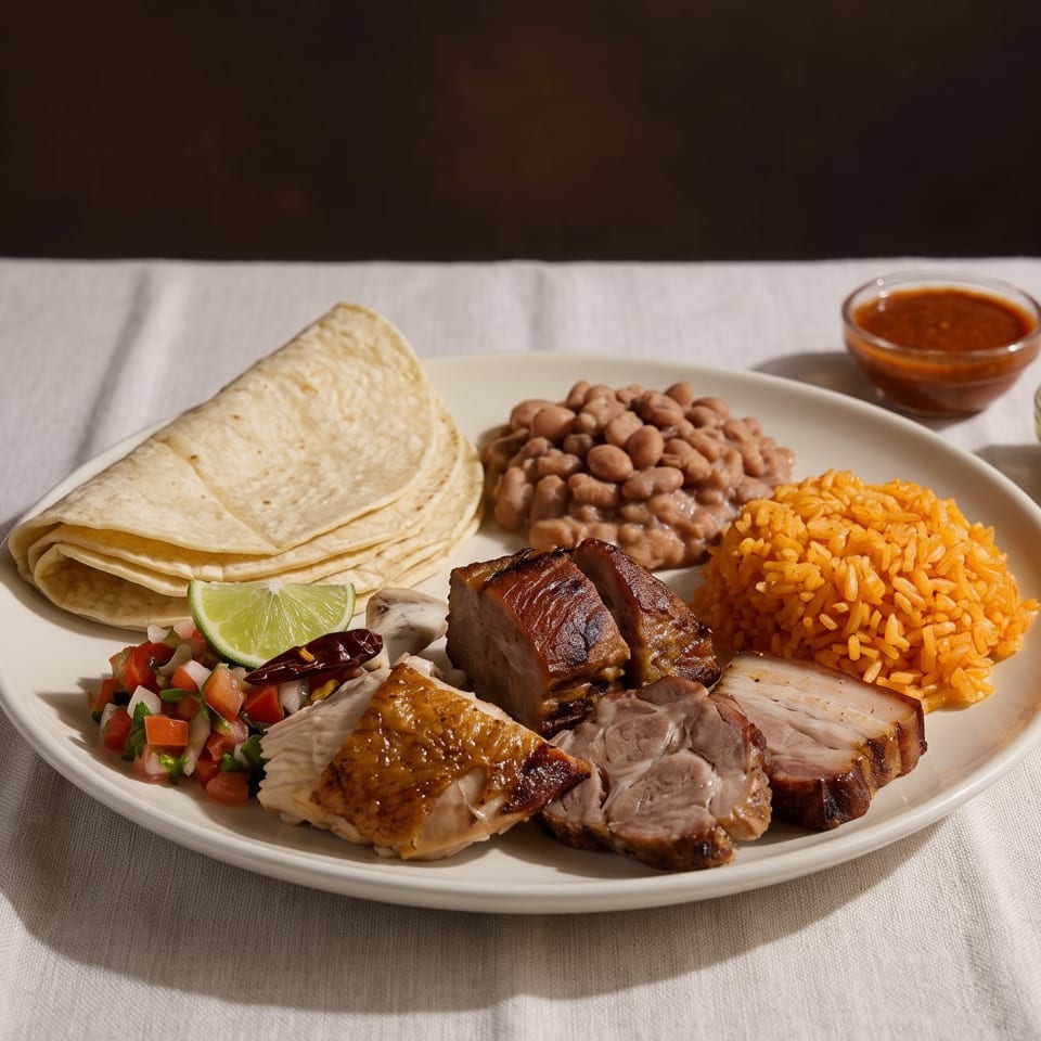 A plate of Mexican food with carnitas, rice, beans, tortillas, pico de gallo, and salsas.